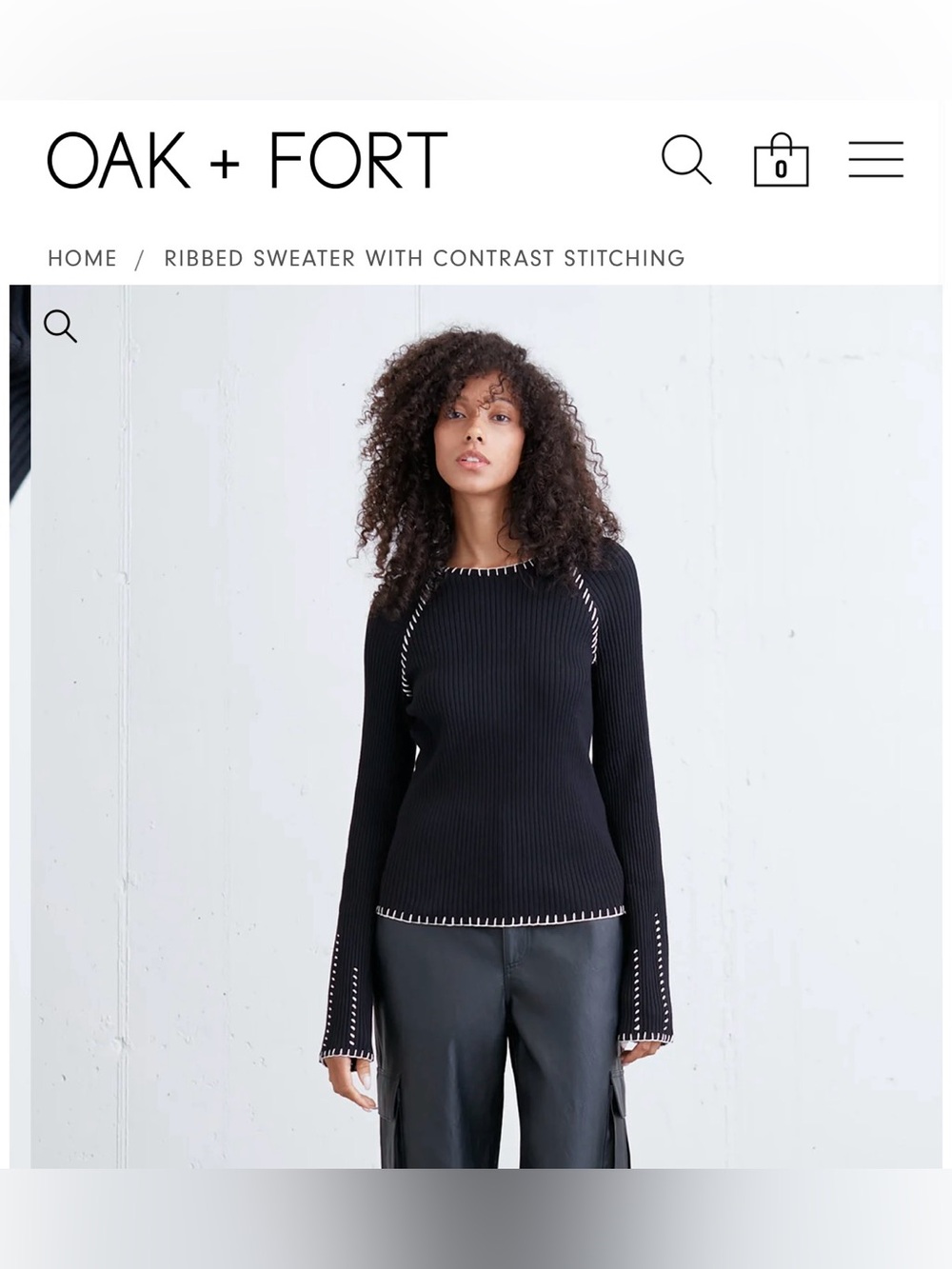OAK + FORT Contrast Stitch Ribbed Long Sleeve Knit Sweater Black Medium